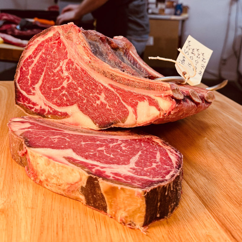 Dry aged rib eye steak in our butcher shop