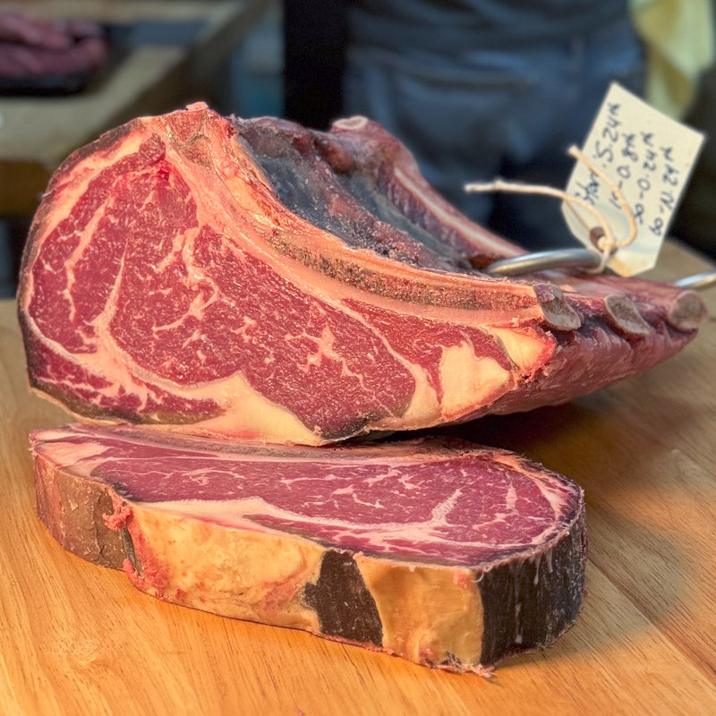 Dry aged rib eye steak in our butcher shop