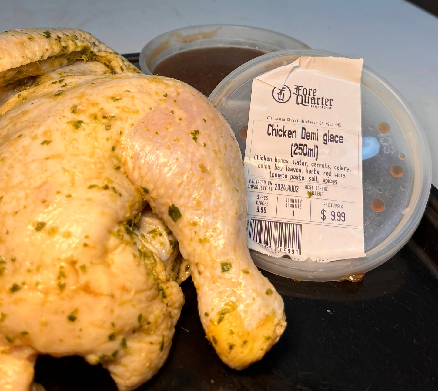 24 Hour Brined Half chicken, with Chicken Demi glace.