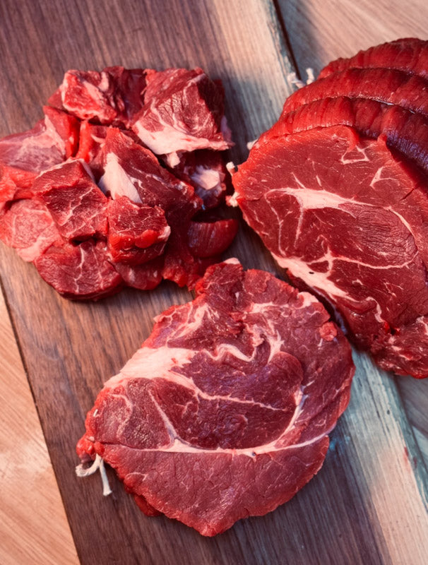 Blade Roast and cut up Stewing beef