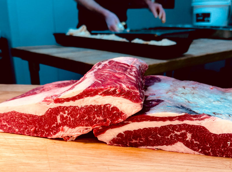 Brisket in a butcher shop on the counter