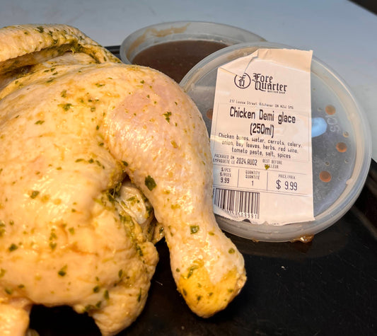 24 Hour Brined Half chicken, with Chicken Demi glace.