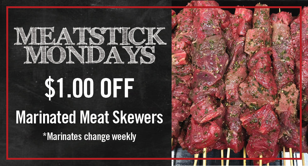 Meatstick Monday – $1 off marinated meat skewers